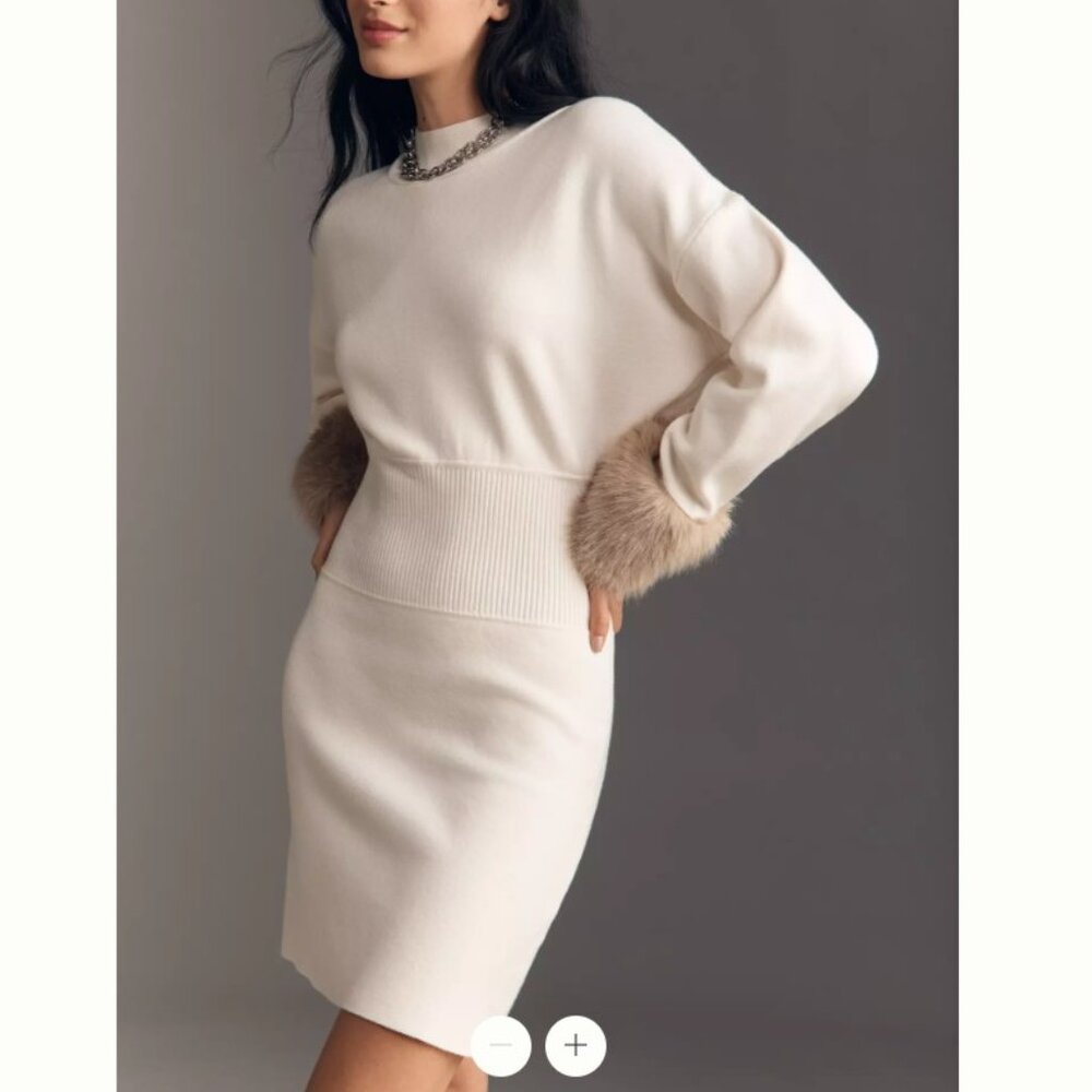 Anthropologie long-sleeve faux fur trim cuffs mini dress, cream, size 1X - Picture 1 of 10